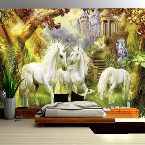 Fantasy Fairy Forest Unicorn White Horse Castle Mural European Style 3D Photo Wallpaper Bedside Living Room Home Decor 3D Fresco