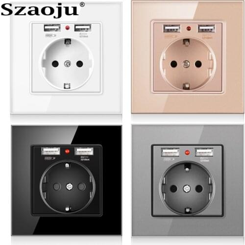 Szaoju EU Standard Wall Dual USB Charging Port 2.1A LED on/off Indicator 16A USB Power Socket Outlet AC 220v glass crystal panel