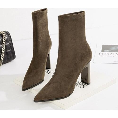 Strange round high heels boots women sexy pointed toe stretch sock ankle boots female 2020 winter flock chelsea botines 570