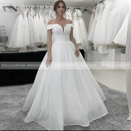 Vestido De Noiva Princesa Ball Gown Glitter Wedding Dress Off Shoulder Ivory Bridal Dresses Gelinlik Arabic Shiny Wedding Gowns