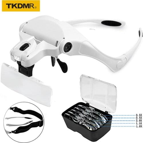 TKDMR 5-Interchangeable Lens 1.0X/1.5X/2.0X/2.5X/3.5X Bi Led Lighting Illuminated Headband Glasses Magnifying Glass for Reading