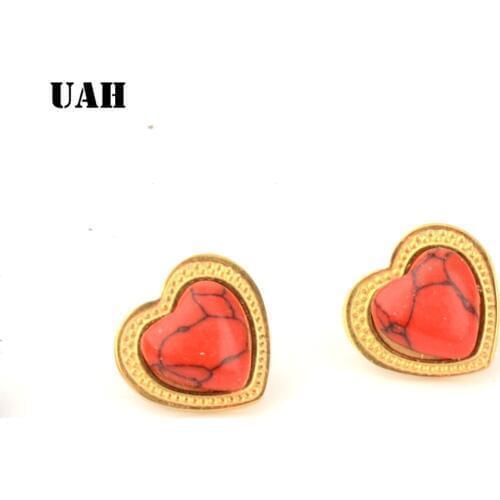 UAH Fashion Heart Stud Earrings For Women High Quality Red Stone Stainless Steel Jewelry Gift Earring Accessories