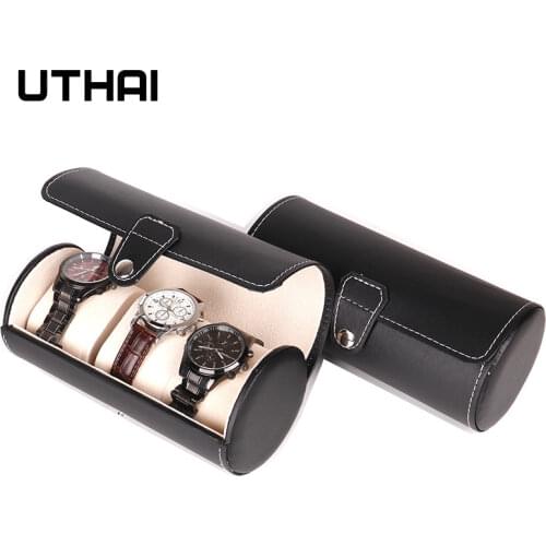 UTHAI U02 Watch box PU leather 3-bit cylinder high-end watch box Jewelry watch storage display box