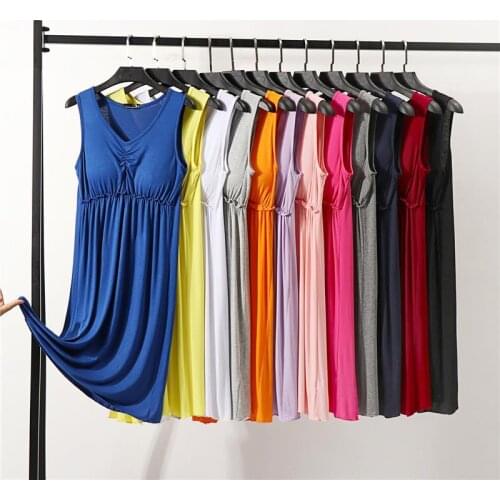 Women 2020 Summer Nightdress With Chest Pad Short Sleeve V-neck Comfort Mid-long Nightdress Female Casual Slim Vest Dresses Y290