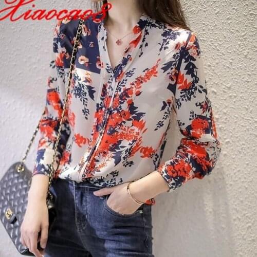 Summer Print V Neck Woman Chiffon Blouse Plus Size Long Sleeve Elegant Shirts for Women Female Oversized Clothing Tops