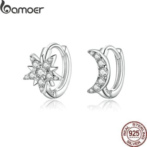 Bamoer Silver 925 Jewelry Star and Moon Hoop Earrings for Women Sterling Silver 925 Anti-allergy Fine Jewelry Gifts BSE289