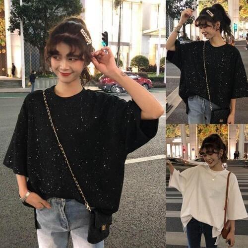 Women Tops Solid Color Half Sleeves Round Neck Baggy T-shirts for Summer Loose Pullover fashion Girl Clothing Casual Blouse -OPK