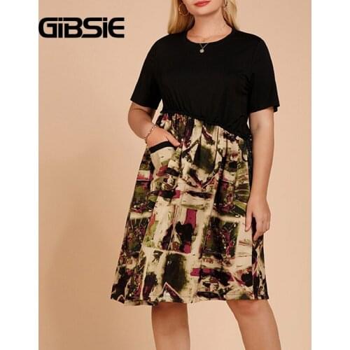 GIBSIE Plus Size O-Neck Casual Patchwork Print Dress Women Summer Short Sleeve Dresses xxxl 4xl 5xl Big Size Pocket Midi Dress