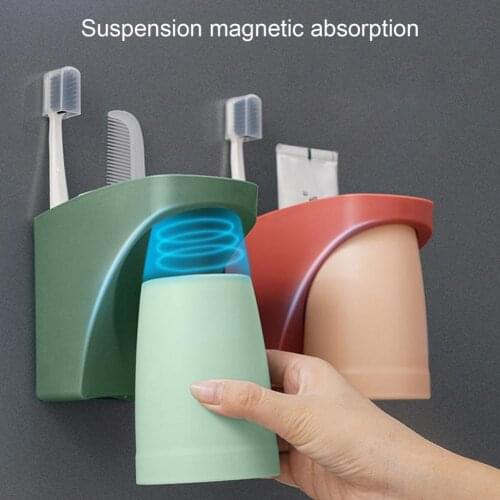 1 Set Toothbrush Holder Wall Mounted Space-Saving Plastic Magnetic Mouthwash Cup Rack Bathroom Products Toothpaste Holders
