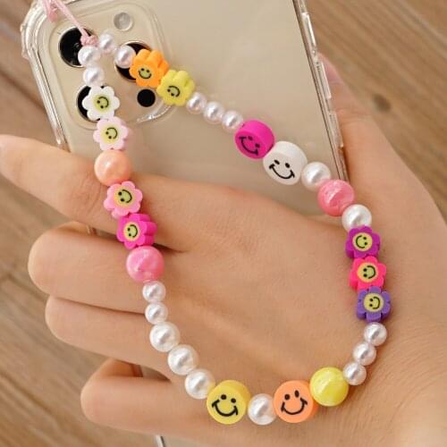 1pc Universal Mobile Phone Lanyard Smile Pearl Rainbow Color Girly Style Phone Chain Fixed Camera Car Key Decoration Lanyard