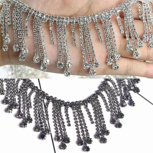 5cm width 1yard/lot Crystal rhinestone tassel clear chain applique bridal dress trim sew on garment craft banding