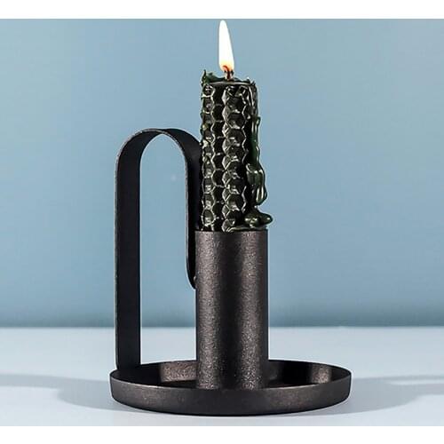 2PCS Vintage Black Iron Candle Holder with dripping wax base tray Night Handheld Hoodless Lantern Stand Holder Candlestick