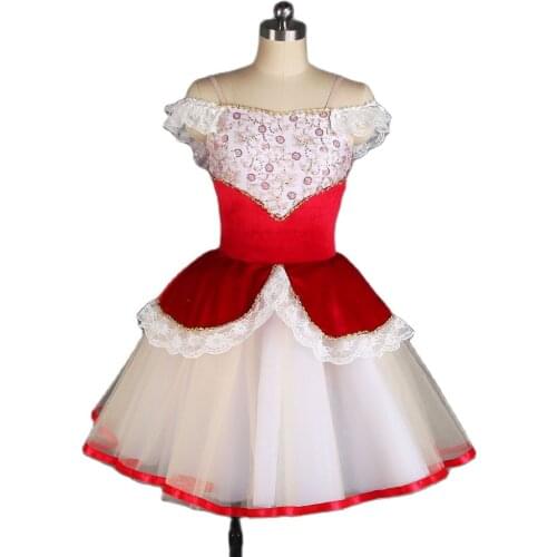 Girls Ballerina Costume Off-Shoulder Long Ballet Dance Tutus Red Velvet Bodice Romantic Tutu Skirt 21019