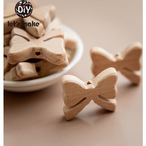 LetS Make 50pc Wooden Teething Bead Beech Wooden Bow Beads BPA Free Wooden Teethers Toys Wooden Teether Baby Teether