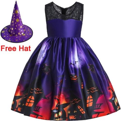 Free Hat Halloween Pumpkin Girl Party Princess Dress Cosplay Vampire Witch Purple Kids Costume Masquerade long dresses