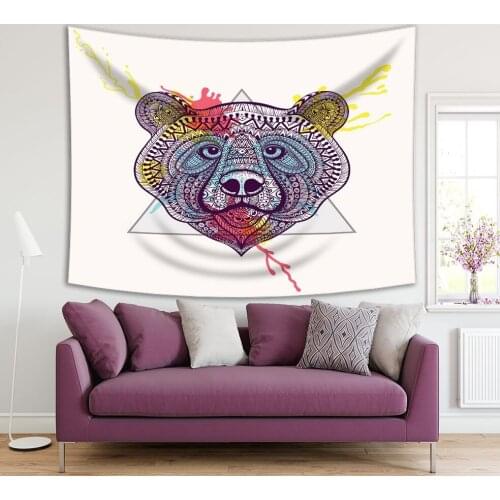 Tapestry Bear Face in Triangle with Frame Watercolor Ink Drop Wild ANimal Zentangle Stylized Art Purple Yellow Red