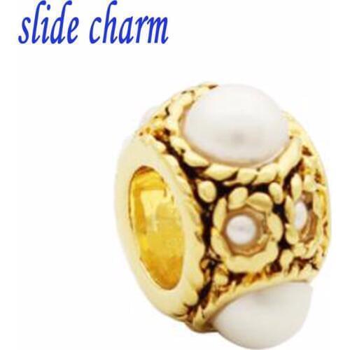 Slide charm Free shipping product gilded beads fit Pandora bracelets dark pearl charm bracelets and jewelry accessories