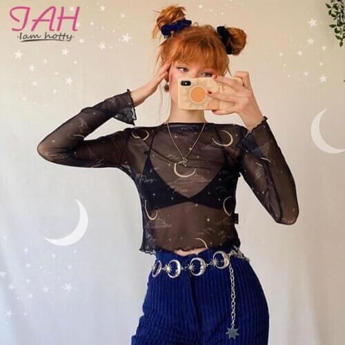 IAMHOTTY Harajuku Stars Moon Son Print Transparent Mesh Sexy Crop Top T Shirt Ladies See Through Long Sleeve T-shirt Haut Femm