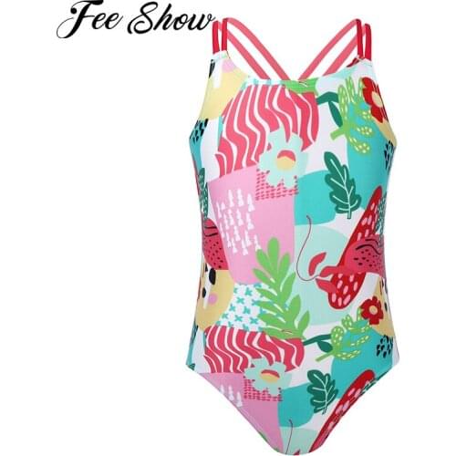 Colorful Kids Girls One-piece Swimsuits Swimming Bathing Suits Criss-Cross Spaghetti Straps Jumpsuit Bodysuits Beach Swimwear