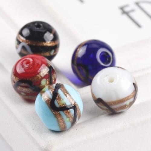 5pcs Round 14mm Strips Foil Pattern Handmade Lampwork Glass Loose Beads for Jewelry Making DIY Crafts Findings