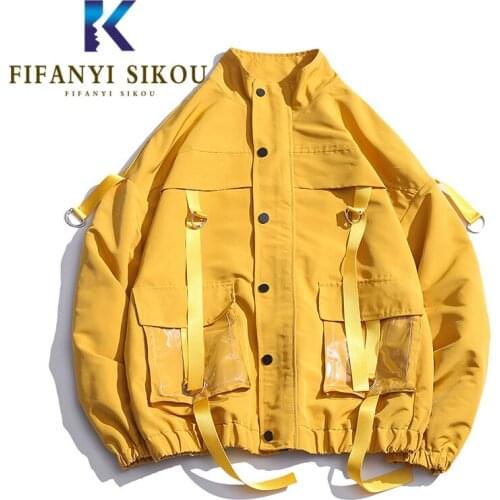 Streetwear Women Bomber Jacket Big Pocket Fashion Webbing Single Breasted Windbreaker Plus Size Loose Jacket Coat Men and Women
