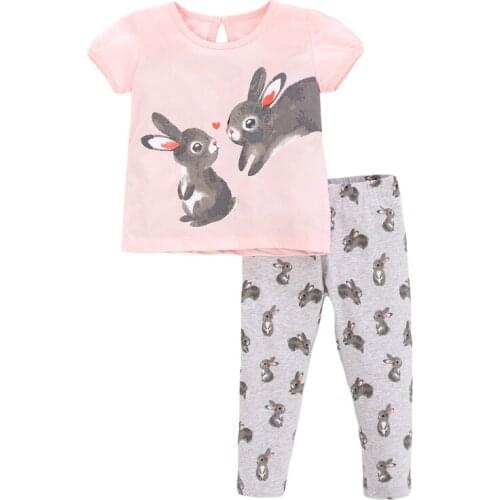 Little Maven New Summer Kids Pink Cartoon Bunny Rabbits O-neck Printed Cotton Knitted Ankle Girls 2-7yrs Casual Tshirt Sets