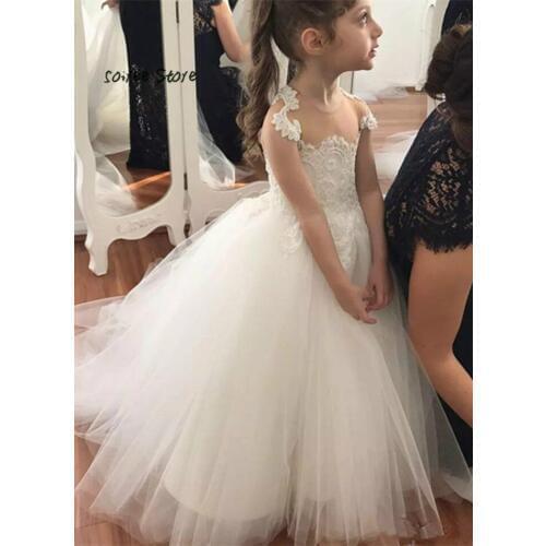Fashion Ivory Flower Girl Dress With Lace O Neck A Line Tulle Formal Kids Pageant Dresses Cheap first communion dresses for girl