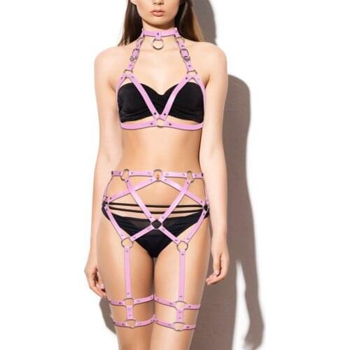 Harajuku Punk Fashion Leather Hollow Chest Harness Garters Sets Body Bondage Women Erotic Lingerie Goth Sword Belt Stockings