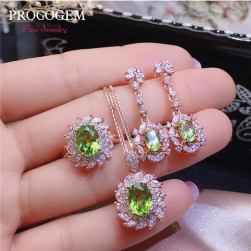Trendy Natural Peridot Jewelry sets for Women Girls Party gifts Necklace Ring Drop Earrings Real gems 925 Solid Silver #627