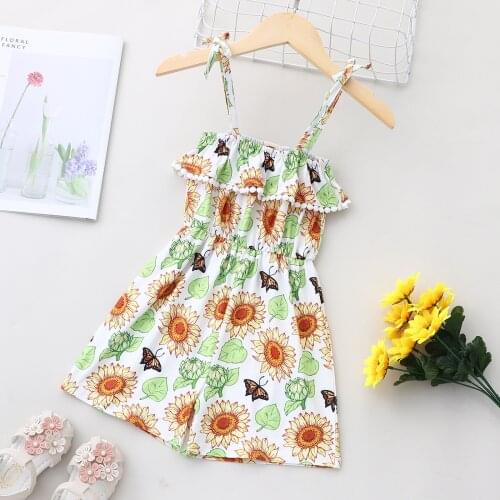 Fashion Sunflower Boat Neck Short Pants Summer Chidren Girl’s Casual Lace-up Suspender Jumpsuit Romper