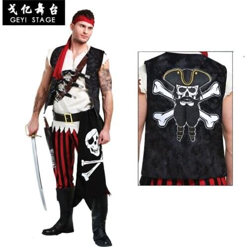 Mens Cool Pirate Cosplay Costume Adult Halloween Fancy Dress Party Set Male Pirate Crew Short Sleeve Vest Pants Party Wear