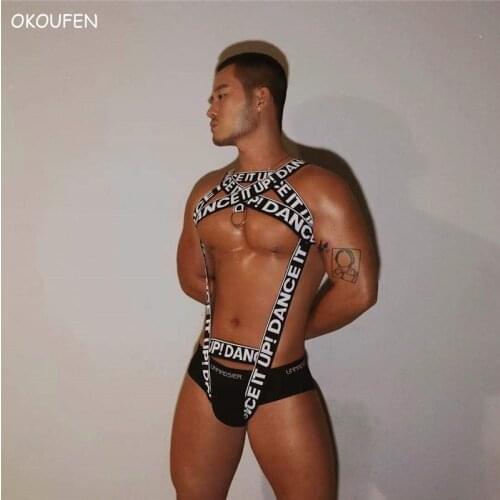 Nightclub DJ Male gogo Costumes Letter Elastic Bandage One-piece chest Strap Stage Show sports dance sexy wear