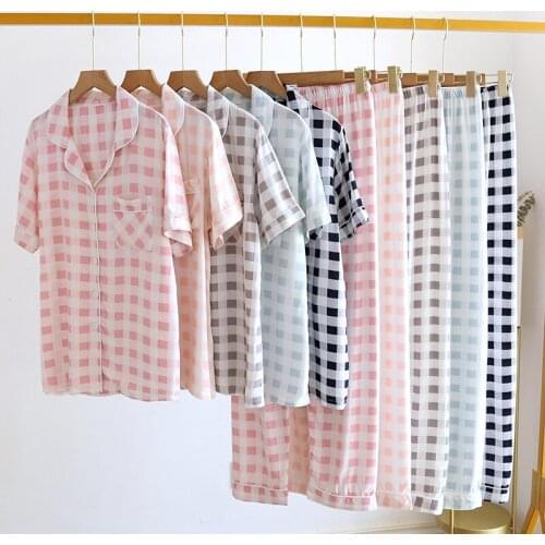 Summer New Couple Pajamas Two-Piece Viscose Short-Sleeved Trousers Female Simple Plaid Male Large Size Home Wear Set Large Size