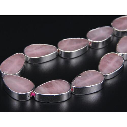 Approx 11pcs Natural pink quartz Flat Teardrop center drilled bead,Silvers Edged pink Crystal egg Slab Pendants bracelets Crafts