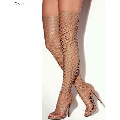 Olomm New Women Gladiator Sandals Sexy Thin High Heel Sandals Peep Toe Elegant Black Nude Party Shoes Women US Plus Size 5-15