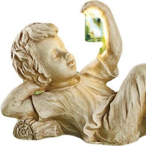 Garden Sculpture Solar Lighted Kid Design Resin Vintage Boy Girl Statue for Patio