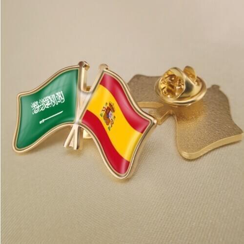 Saudi Arabia and Spain Crossed Double Friendship Flags Lapel Pins Brooch Badges