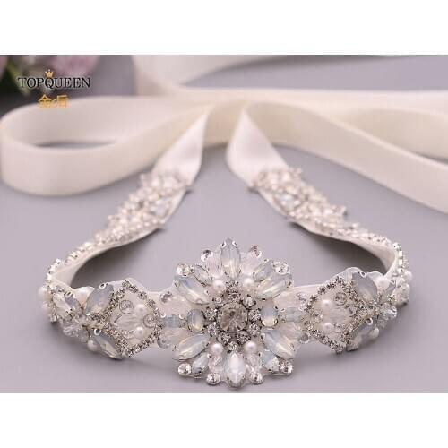TOPQUEEN S408 Opal Bridal Belt for Dresses Beads Belt for Women Bling Bridesmaid Dress Sash Floral Handmade
