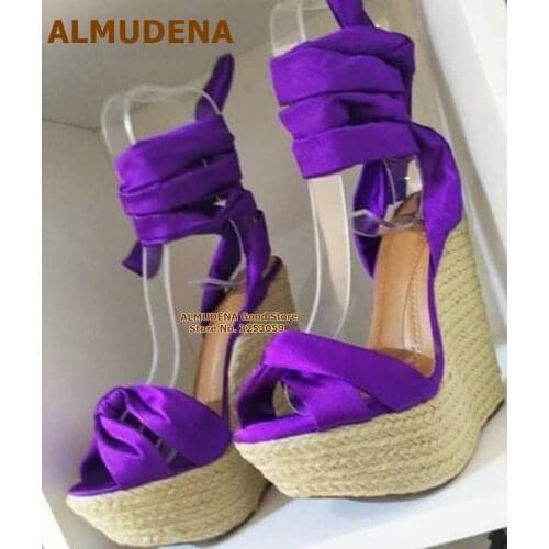 ALMUDENA Rope Weaving Wedge Heel Sandals High Platform Purple Satin Fabric Bowtie Bridal Shoes Lace-up Silk Bowknot Dress Pumps