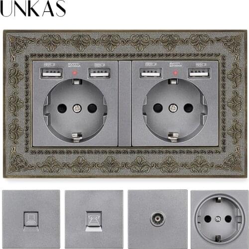 UNKAS EU / French Socket With Dual USB Port + TV RJ11 Telephone RJ45 Internet Computer Jack 146mm*86mm Gray 4D Zinc Alloy Panel