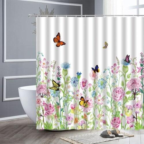 Spring Scenery Shower Curtain Sets Purple Pink Flowers Green Plant Printed Waterproof Fabric Hooks Bath Curtains Bathroom Decor