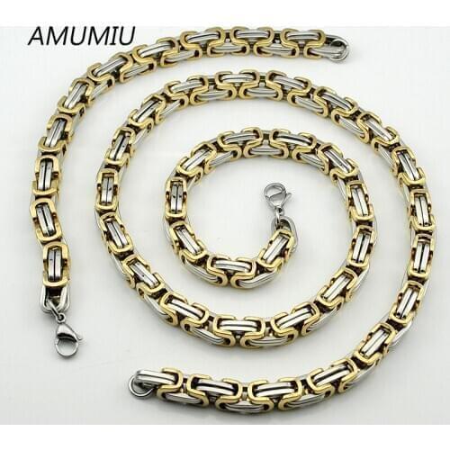 AMUMIU Jewelry Sets for Mens New Trendy Retro Necklace Bracelet Set 8mm Flat Chain Byzantine Wholesale Drop Shipping KTZ056