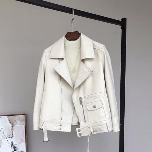 Womens Short Sheepskin Motorcycle Clothing Leather Jackets Slim Jacket Women