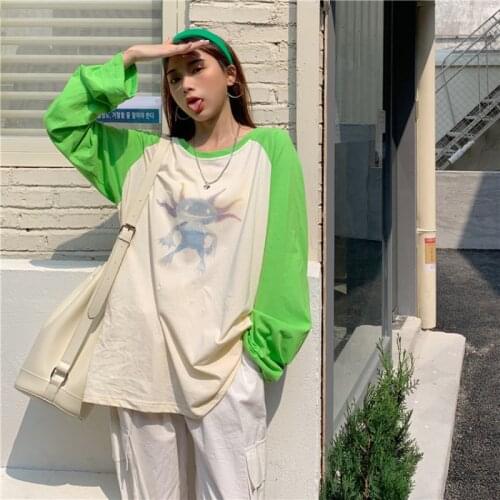 2021 Women Spring Summer Green Patchwork Oversize T-shirt Blouse Cotton Tshirts Sunproof Tees Pullover Tops