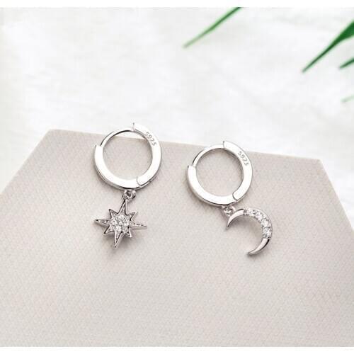 925 Sterling Silver Asymmetry Piercing Moon Star Stud Earring For Women Girls Wedding Jewelry eh375