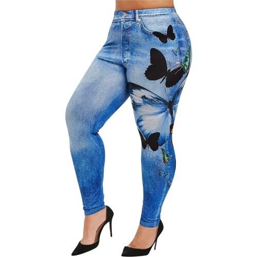 Womens Plus Size Yoga Pants Casual Imitation Cowboy Leggings Elasticity Slim Cropped Pants stretching large size джинсы женские