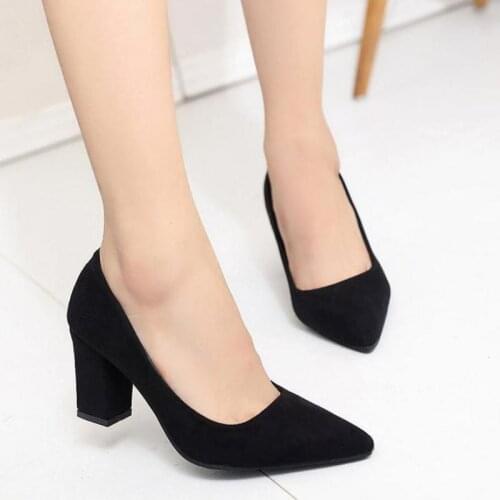 Akexiya High Heels Women Pumps Sexy Wedding Casual Shoes Pointed Toe Parties Dress Slip-on Summer Flock Shallow Square Heel