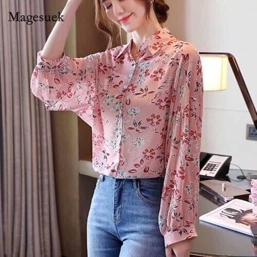 2020 Women Turn-down Collar Lantern Sleeve Print Tops Cardigan Elegant Ladies Shirt Autumn New Long Sleeve Blouse Blusas 11132