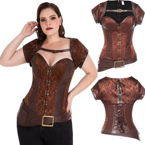 Womens Steampunk Gothic Brocade Steel Boned Bustier Corset Punk Rock Faux Leather Buckle-up Corset Bustier Basque with G-String