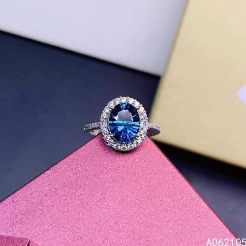 925 pure silver Chinese style natural London blue topaz womens vintage exquisite oval adjustable gem ring fine jewelry support